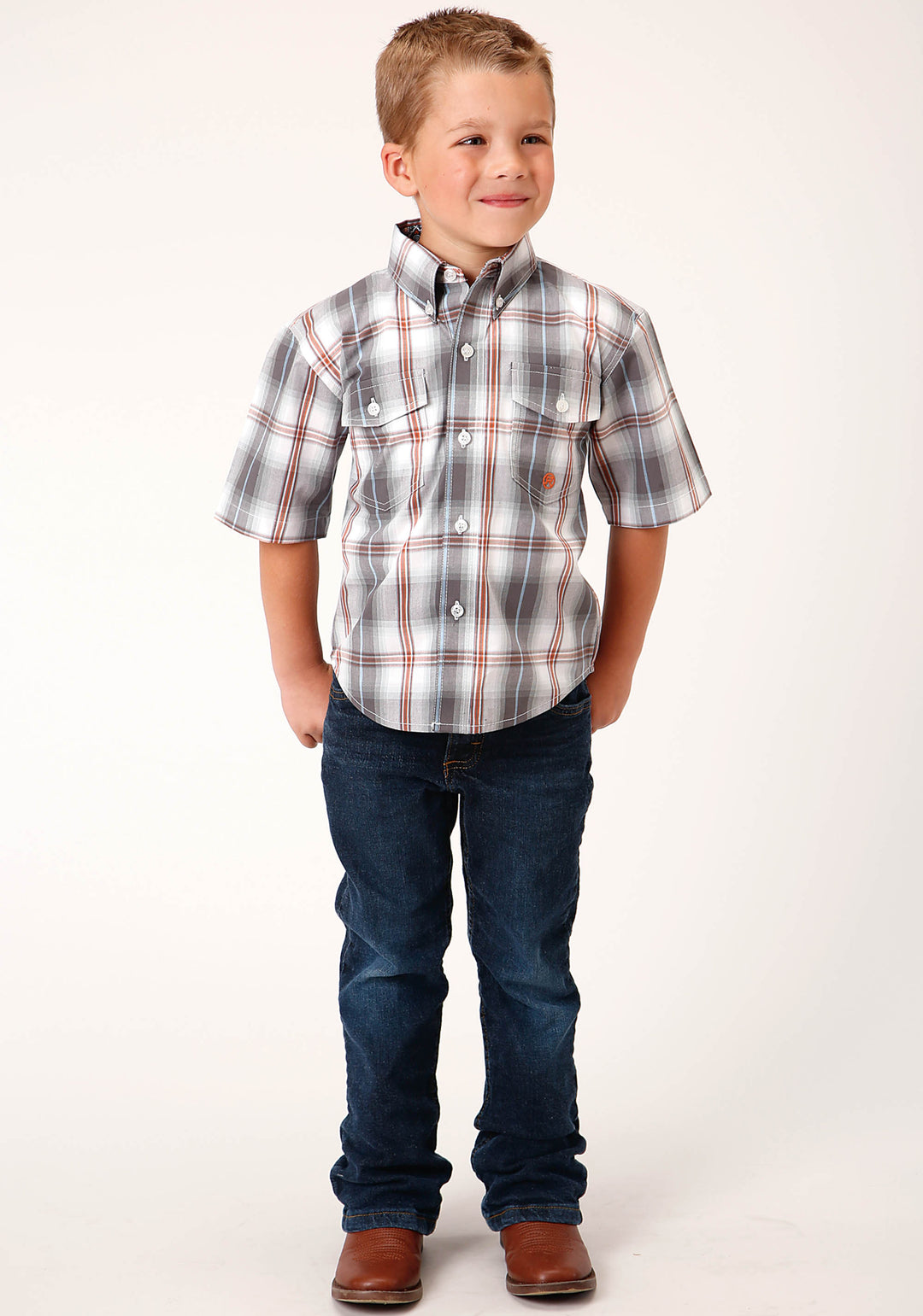 BOYS SHORT SLEEVE BUTTON SMOKEY PLAID WESTERN SHIRT