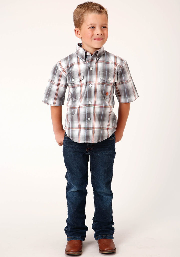 BOYS SHORT SLEEVE BUTTON SMOKEY PLAID WESTERN SHIRT
