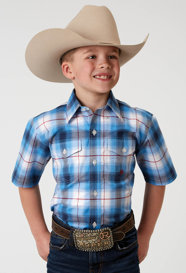 BOYS SHORT SLEEVE BUTTON STRETCH POPLIN BLUE PLAID WESTERN SHIRT