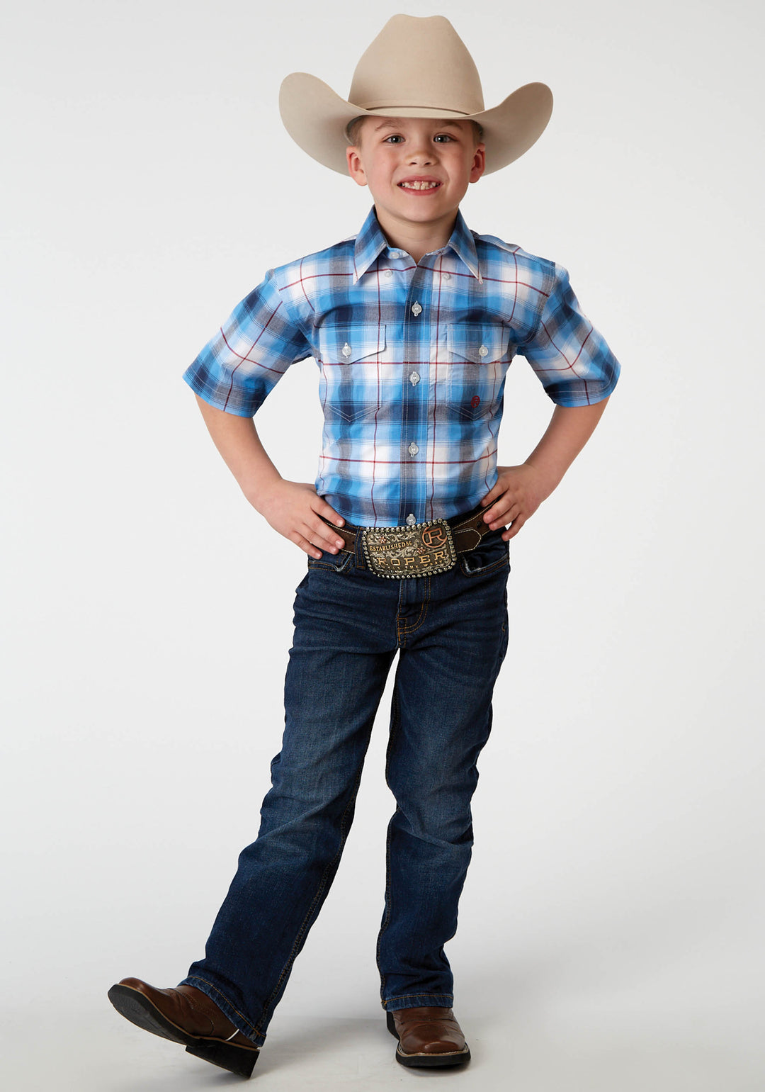BOYS SHORT SLEEVE BUTTON STRETCH POPLIN BLUE PLAID WESTERN SHIRT