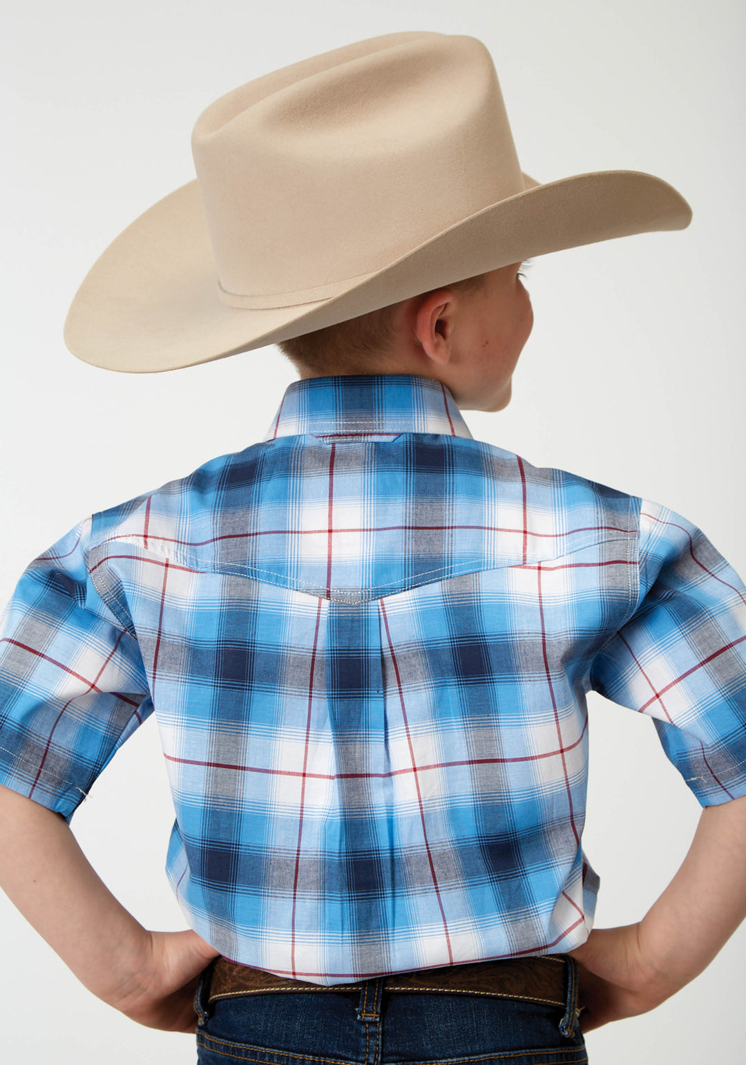 BOYS SHORT SLEEVE BUTTON STRETCH POPLIN BLUE PLAID WESTERN SHIRT