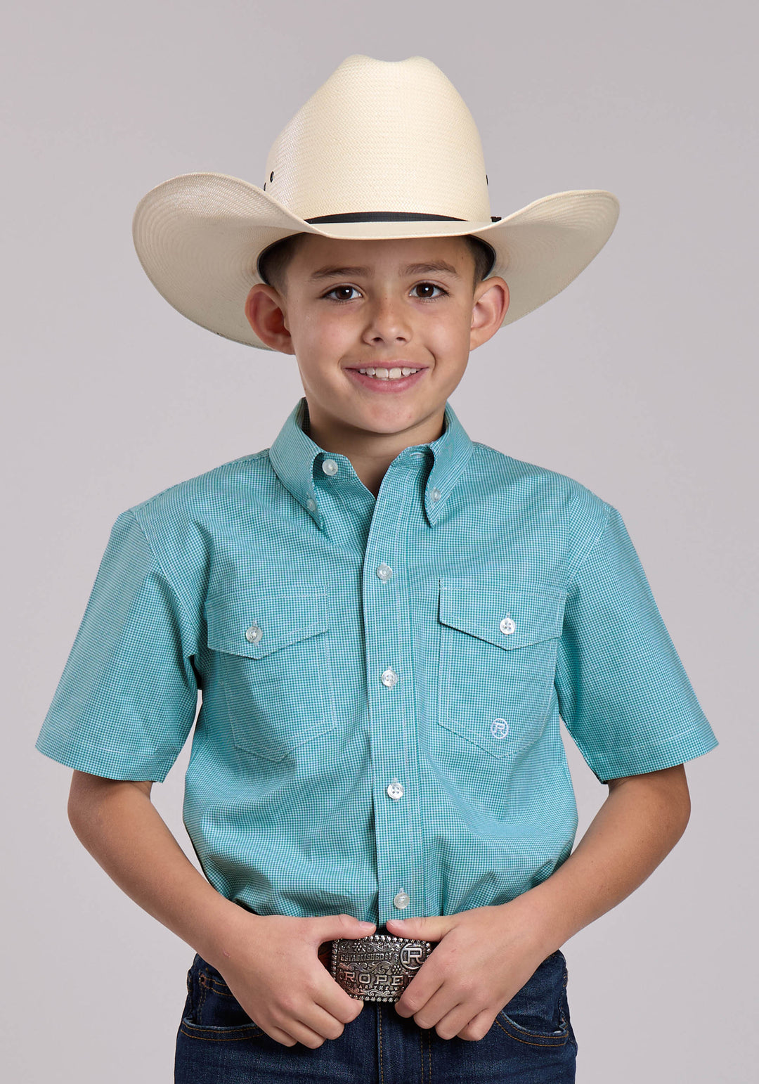 BOYS ROPER STRETCH MINICHECK TURQUOISE SHORT SLEEVE BUTTON SHIRT