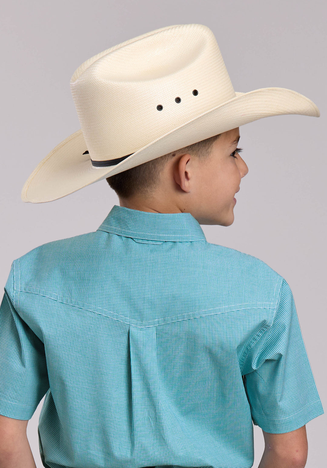 BOYS ROPER STRETCH MINICHECK TURQUOISE SHORT SLEEVE BUTTON SHIRT