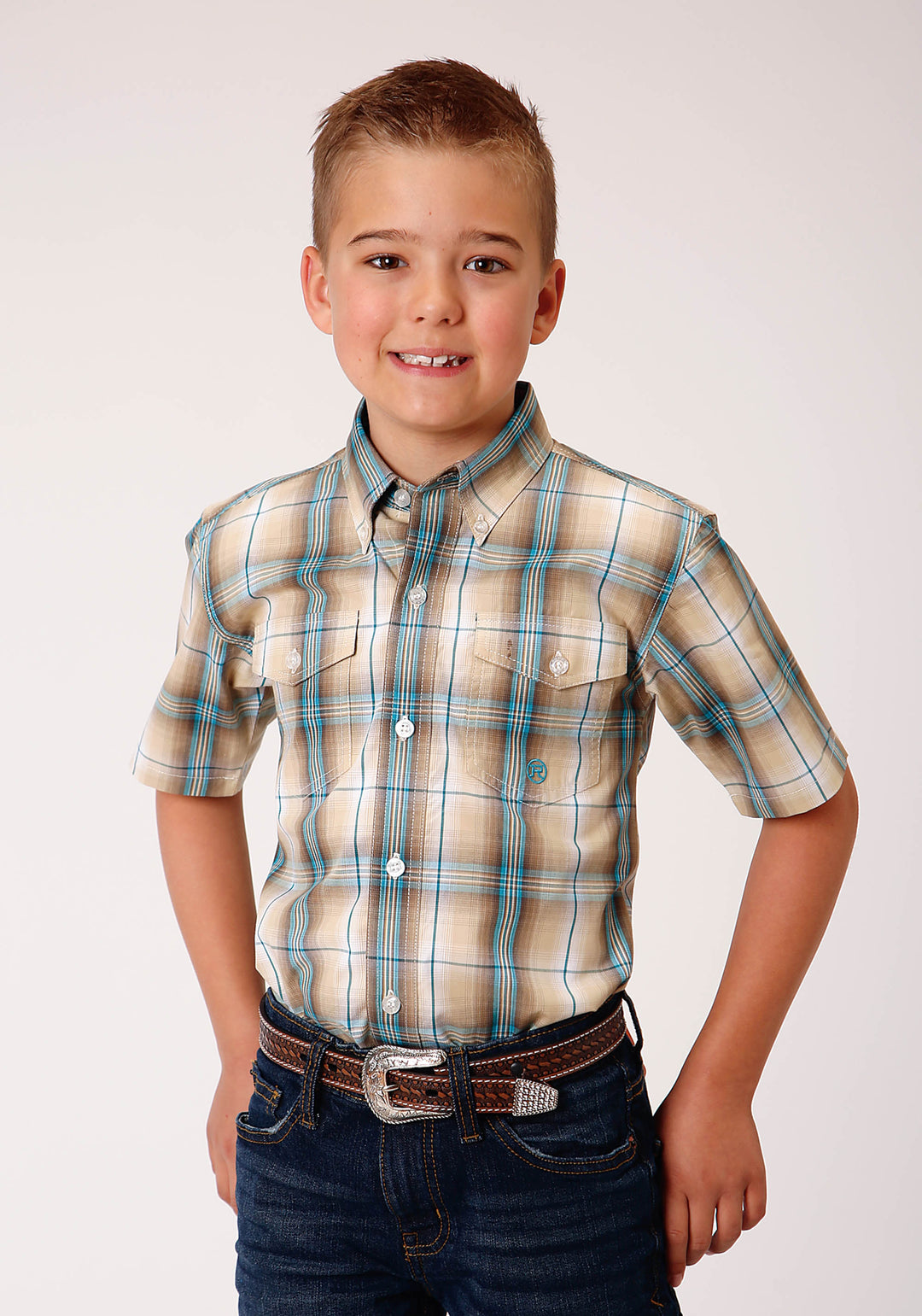 BOYS SHORT SLEEVE BUTTON SADDLE PLAID WESTERN SHIRT