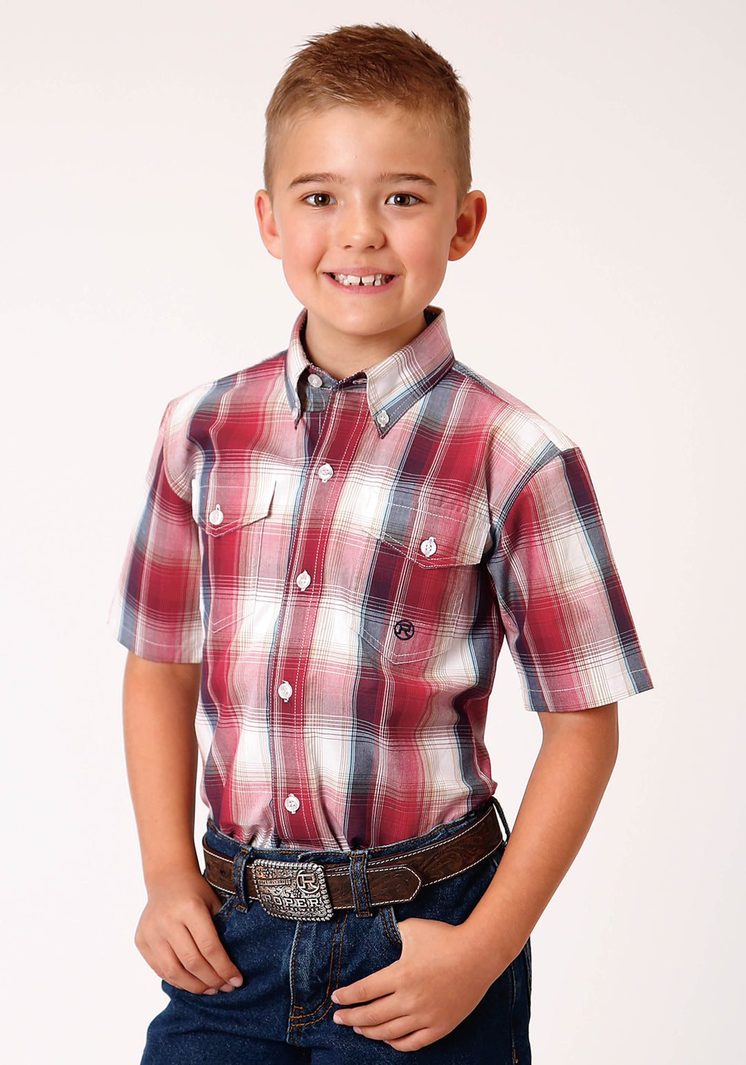 BOYS SHORT SLEEVE BUTTON RED APPLE PLAID WESTERN SHIRT