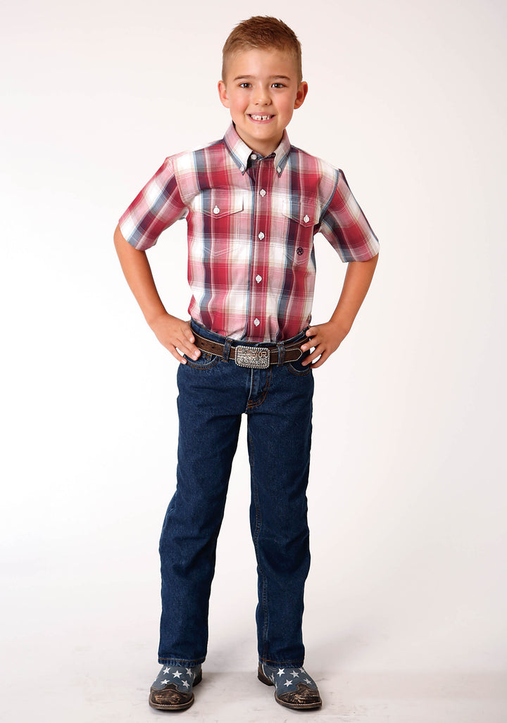 BOYS SHORT SLEEVE BUTTON RED APPLE PLAID WESTERN SHIRT