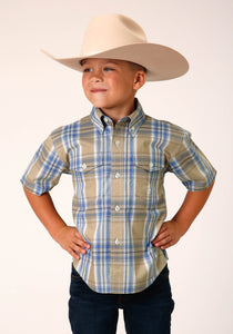 BOYS SHORT SLEEVE BUTTON SANDY PLAID WESTERN SHIRT