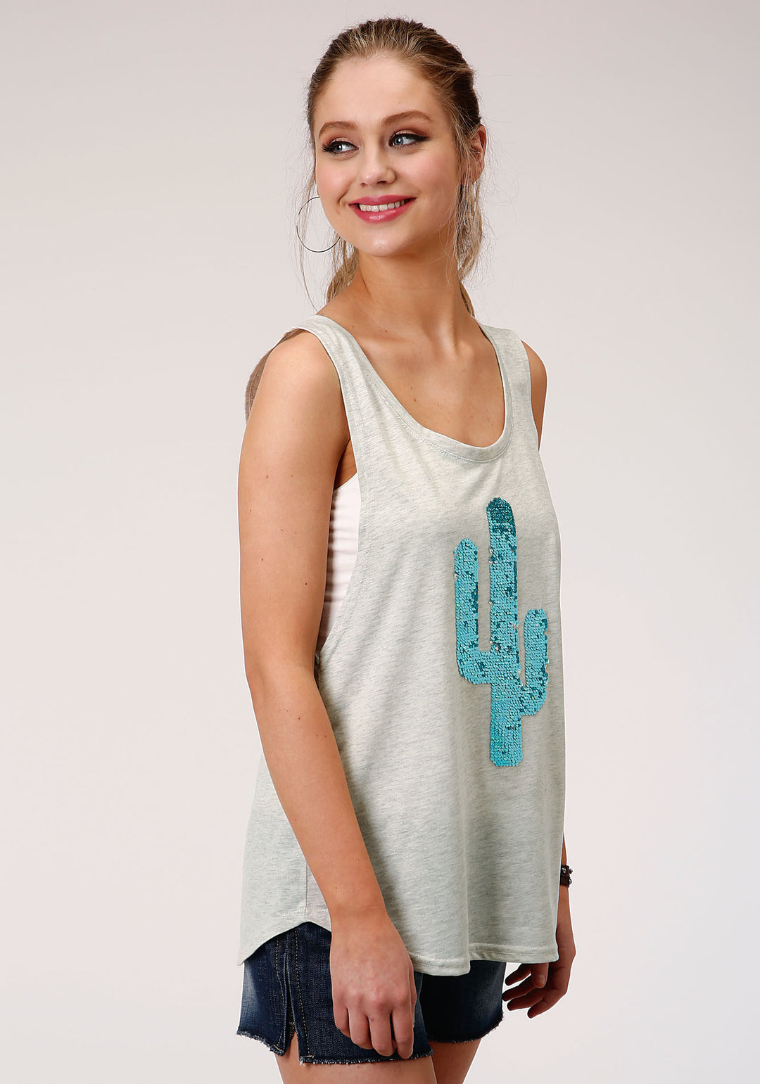 WOMENS HEATHER GRAY WITH SEQUIN DECORATION SLEEVELESS KNIT TOP