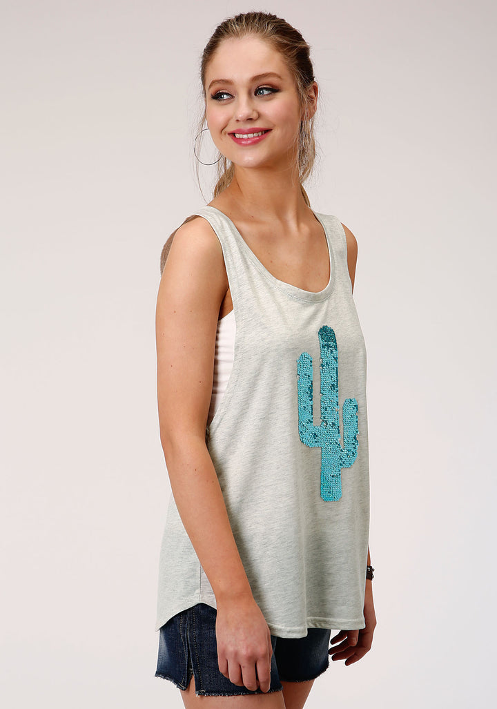 WOMENS HEATHER GRAY WITH SEQUIN DECORATION SLEEVELESS KNIT TOP