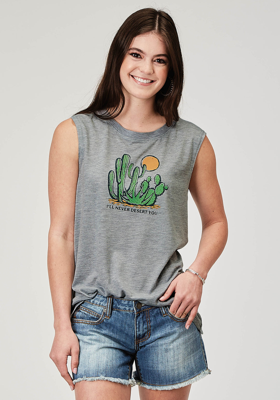 WOMENS SLEEVELESS LIGHT GREY POLY RAYON T SHIRT WITH SCREEN PRINT DECORATION