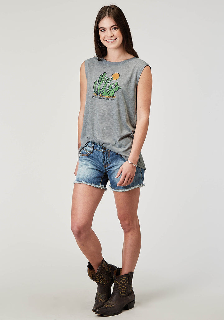 WOMENS SLEEVELESS LIGHT GREY POLY RAYON T SHIRT WITH SCREEN PRINT DECORATION