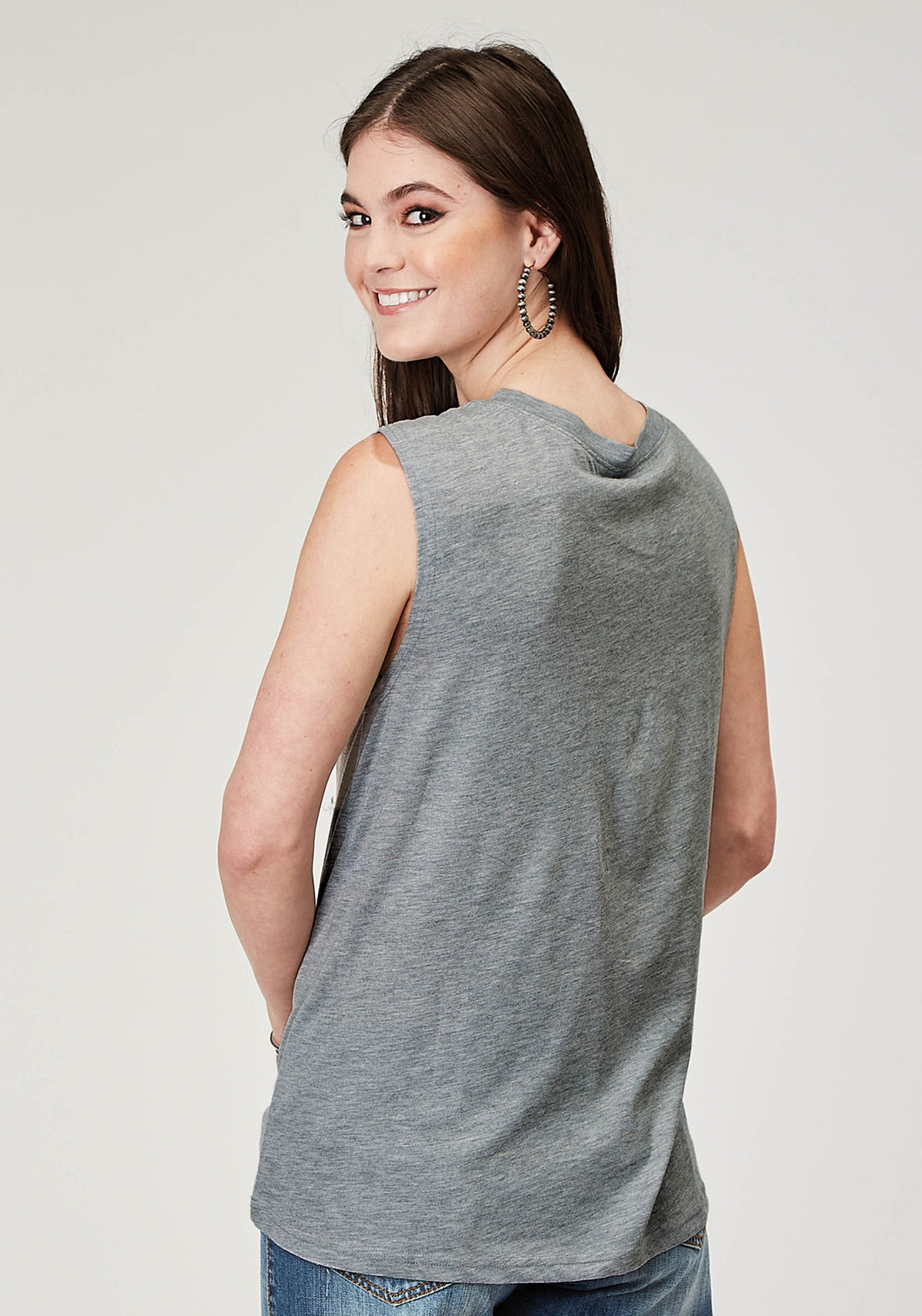 WOMENS SLEEVELESS LIGHT GREY POLY RAYON T SHIRT WITH SCREEN PRINT DECORATION