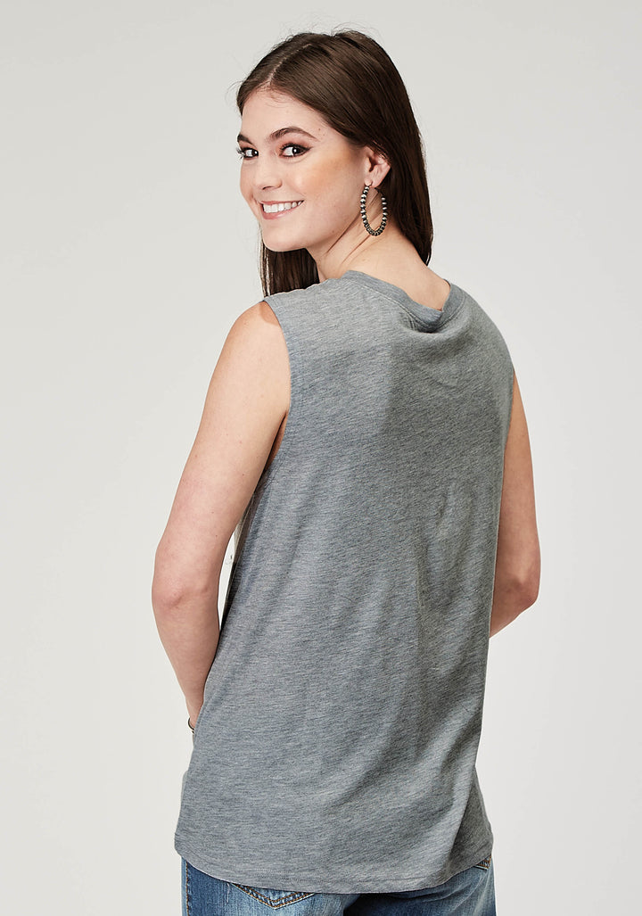 WOMENS SLEEVELESS LIGHT GREY POLY RAYON T SHIRT WITH SCREEN PRINT DECORATION