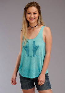WOMENS TURQUOISE CACTUS PRINT SLEEVELESS KNIT TOP