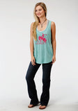 WOMENS AQUA SOLID WITH PINK SCREEN PRINT SLEEVELESS KNIT TOP