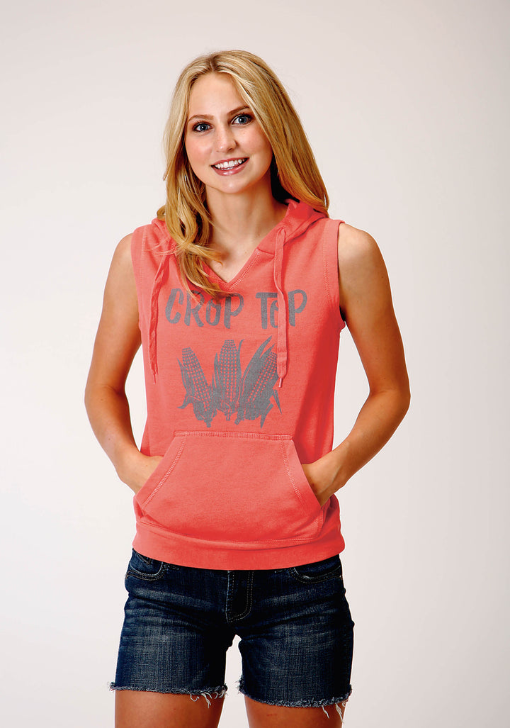 WOMENS CORAL WITH CORN SCREEN PRINT SLEEVELESS KNIT TOP