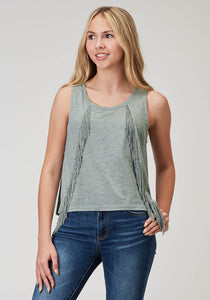 WOMENS SLEEVELESS LIGHT GREY POLY RAYON SCOOP NECK TANK TOP WITH SELF FRINGE HI LOW SWING HEMLINE