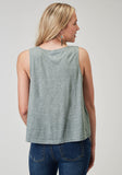 WOMENS SLEEVELESS LIGHT GREY POLY RAYON SCOOP NECK TANK TOP WITH SELF FRINGE HI LOW SWING HEMLINE