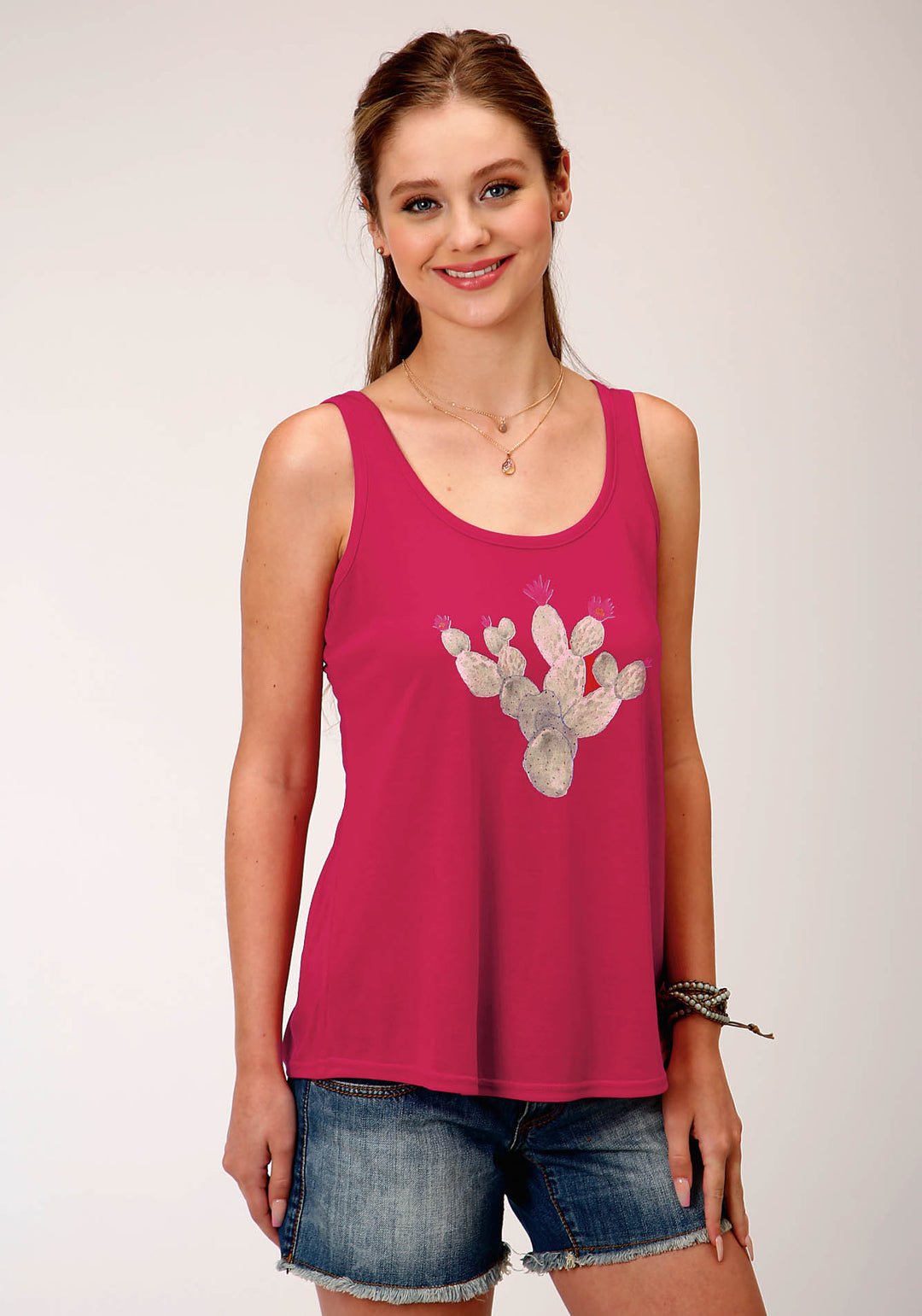 WOMENS PINK WITH CACTUS SCREEN PRINT SLEEVELESS KNIT TOP