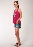 WOMENS PINK WITH CACTUS SCREEN PRINT SLEEVELESS KNIT TOP