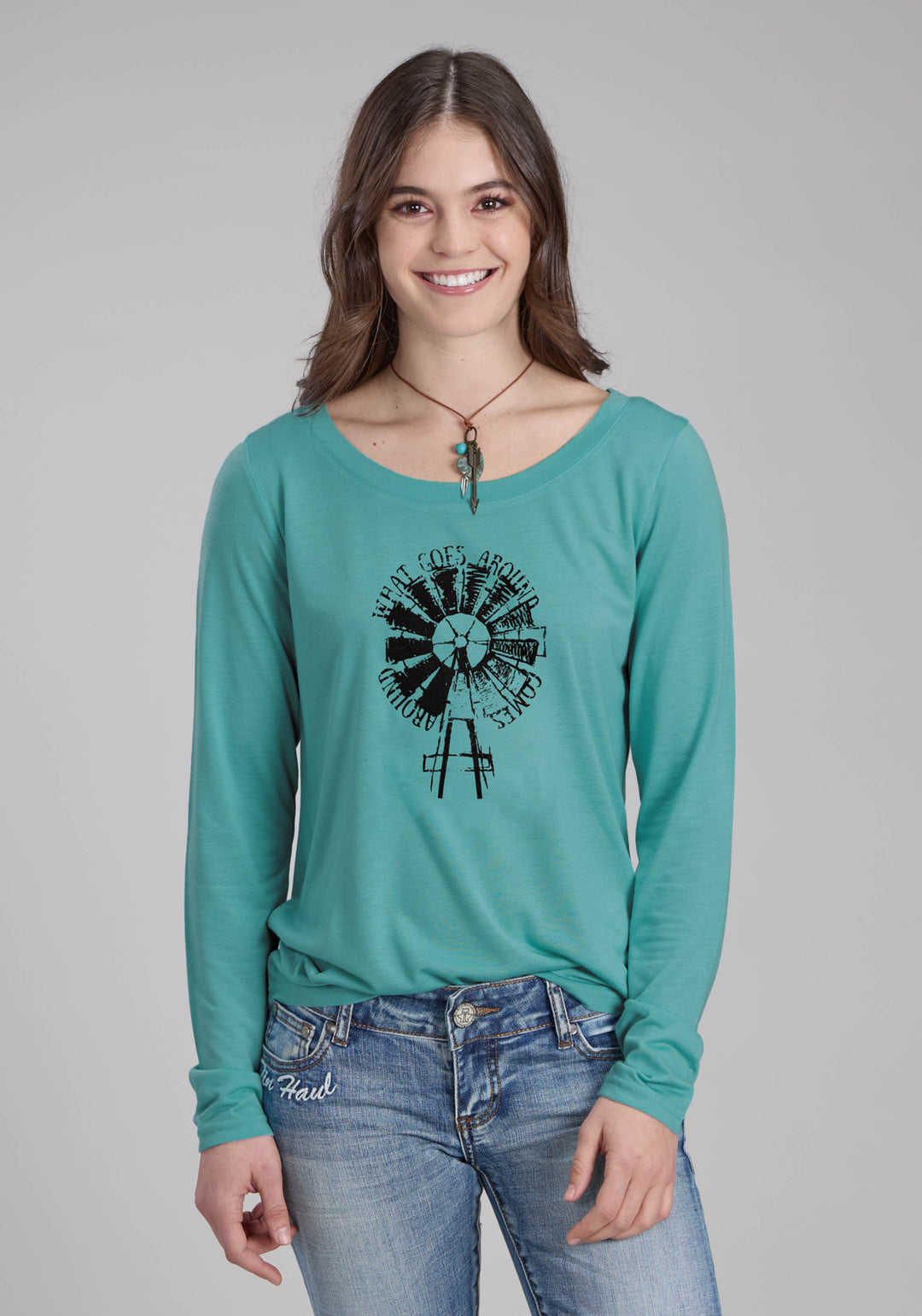WOMENS POLY RAYON JERSEY SCOOP NECK TEE LONG SLEEVE PULLOVER WESTERN SHIRT