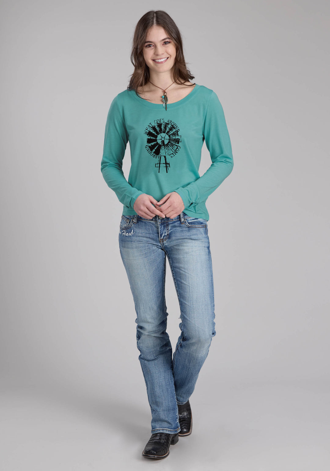 WOMENS POLY RAYON JERSEY SCOOP NECK TEE LONG SLEEVE PULLOVER WESTERN SHIRT
