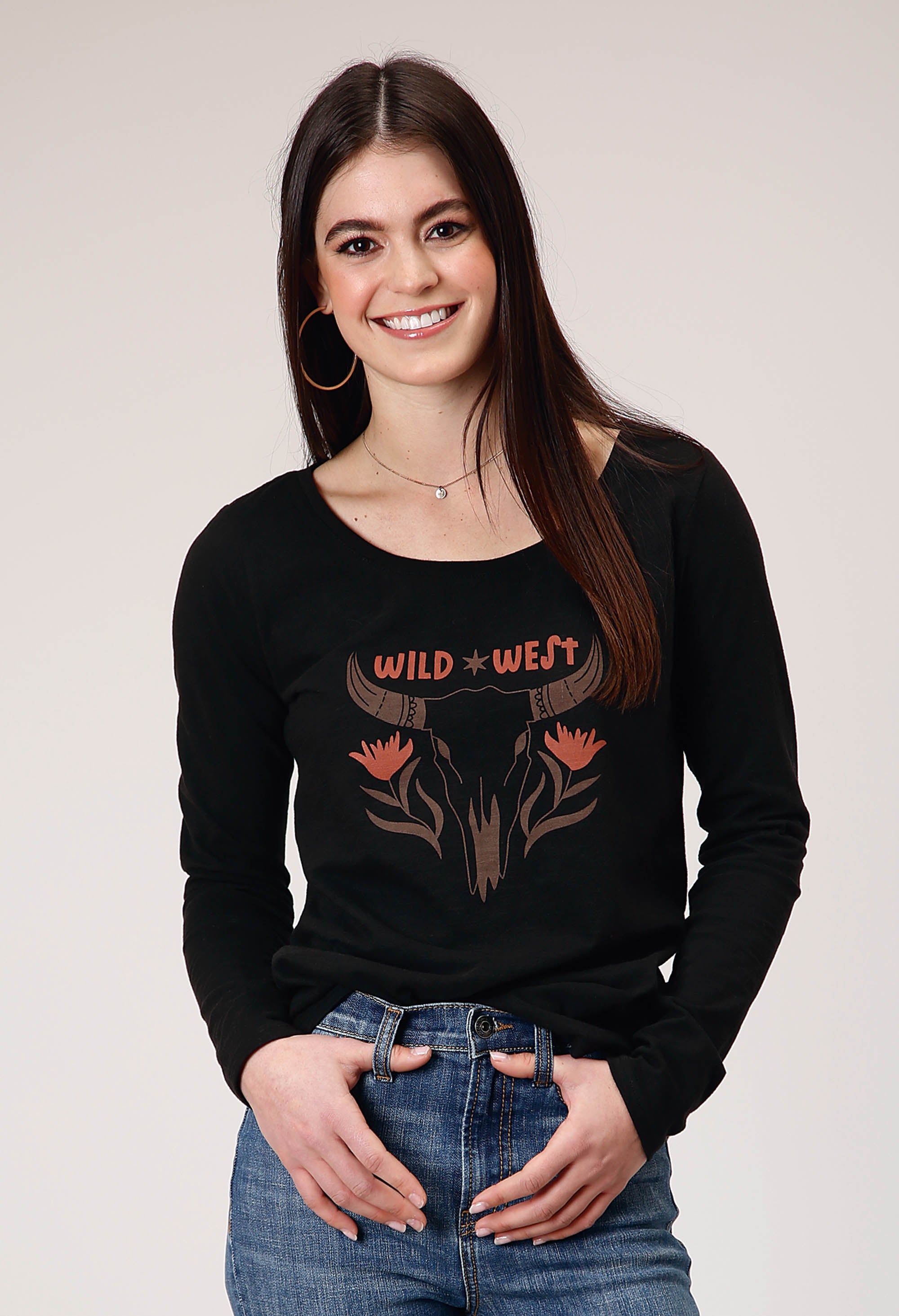 Womens Long Sleeve Jet Black Cotton Slub Scoop Neck Tee With Screen Pr ...