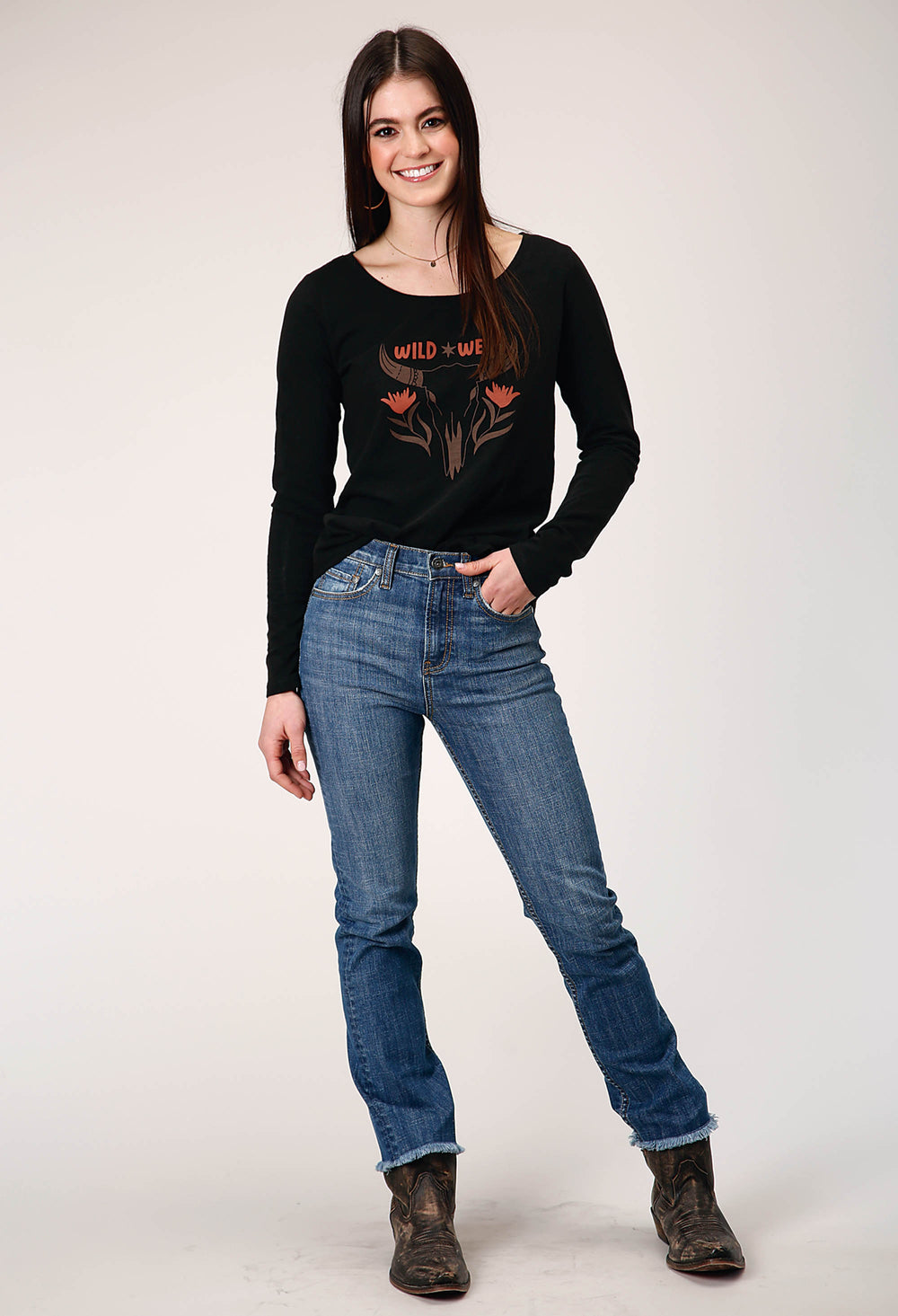 WOMENS LONG SLEEVE JET BLACK COTTON SLUB SCOOP NECK TEE WITH SCREEN PRINT DECORATION