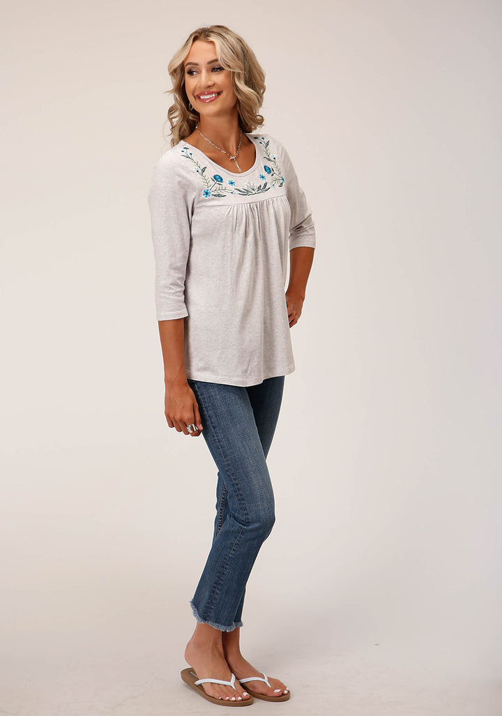 WOMENS LONG SLEEVE KNIT HEATHER GREY JERSEY 3 QTR SLV  TOP