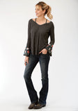 WOMENS HEATHER GRAY WITH FLORAL EMBROIDERY LONG SLEEVE KNIT TOP