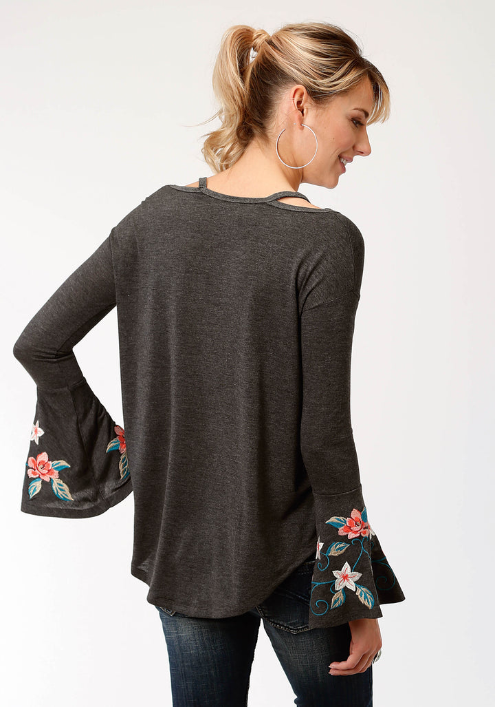 WOMENS HEATHER GRAY WITH FLORAL EMBROIDERY LONG SLEEVE KNIT TOP