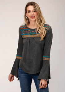 WOMENS LONG SLEEVE KNIT HEATHER JERSEY PEASANT  TOP