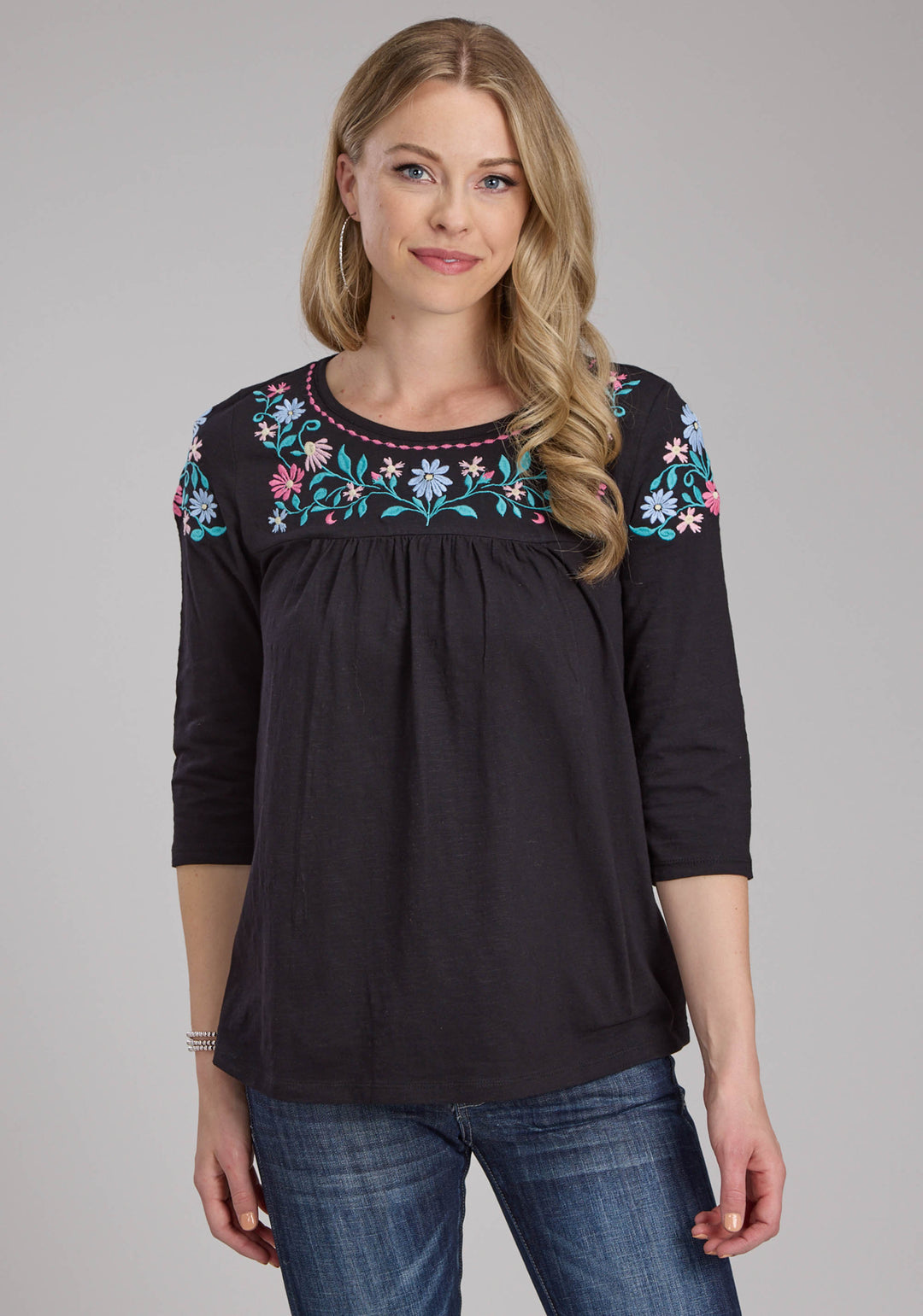 WOMENS COTTON SLUB JERSEY 3/4 SLV TOP LONG SLEEVE PULLOVER WESTERN SHIRT