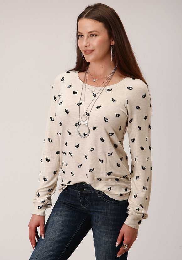 WOMENS LONG SLEEVE KNIT ALL OVER EMB MICRO FRNCH TERRY TOP