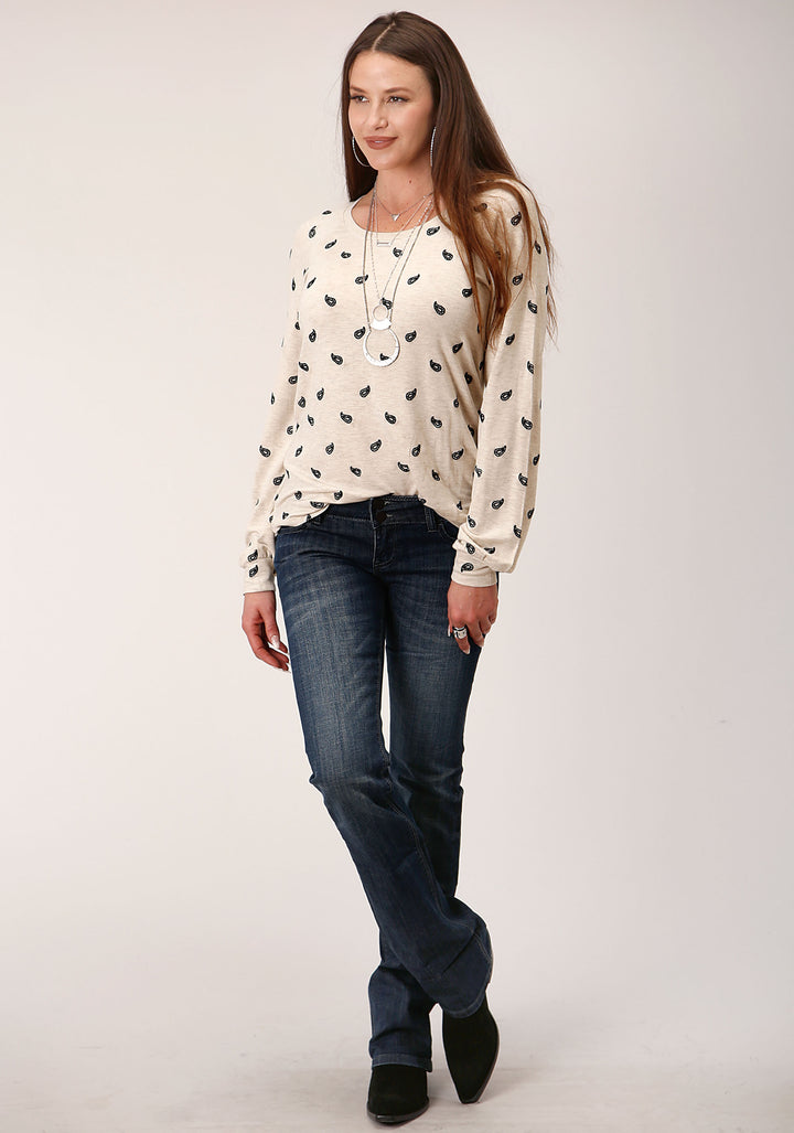 WOMENS LONG SLEEVE KNIT ALL OVER EMB MICRO FRNCH TERRY TOP