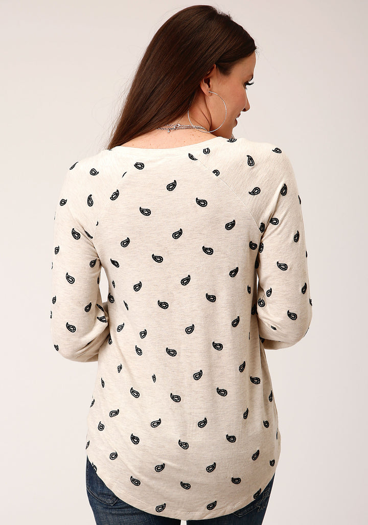 WOMENS LONG SLEEVE KNIT ALL OVER EMB MICRO FRNCH TERRY TOP