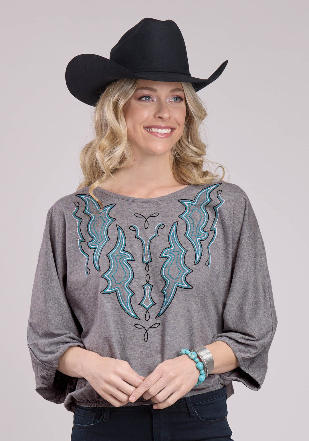 WOMENS LONG SLEEVE PULLOVER HEATHER GREY JERSEY KNIT BLOUSE WESTERN SHIRT