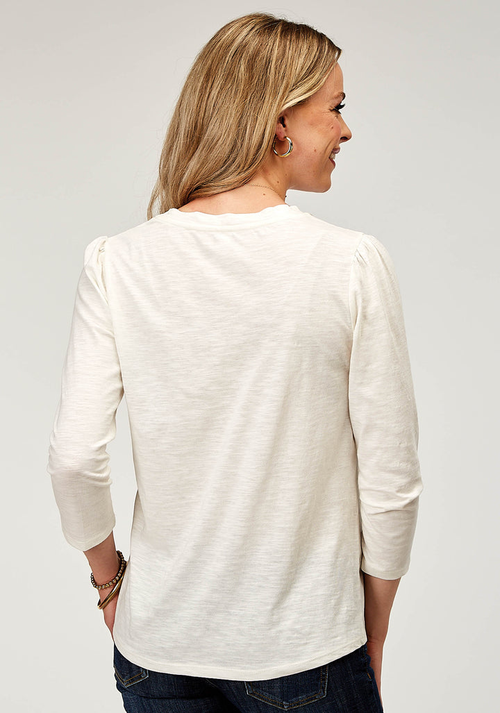 WOMENS LONG SLEEVE COTTON SLUB JERSEY TOP WITH SCOOP NECK THREE QUARTER SLEEVES AND FRONT YOKES EMBROIDERY