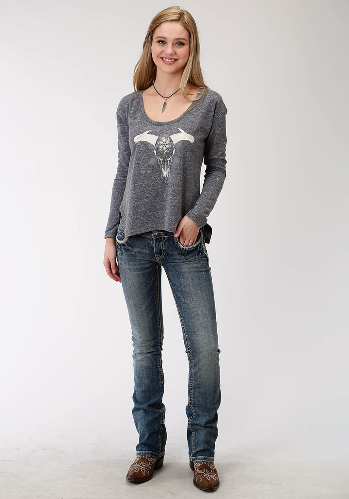 WOMENS BLUE SOLID WITH SCREEN PRINT LONG SLEEVE KNIT TOP
