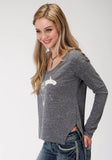 WOMENS BLUE SOLID WITH SCREEN PRINT LONG SLEEVE KNIT TOP