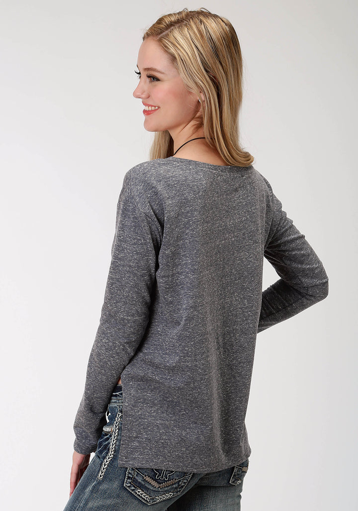 WOMENS BLUE SOLID WITH SCREEN PRINT LONG SLEEVE KNIT TOP