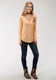 WOMENS YELLOW SOLID WITH SCREEN PRINT LONG SLEEVE KNIT TOP