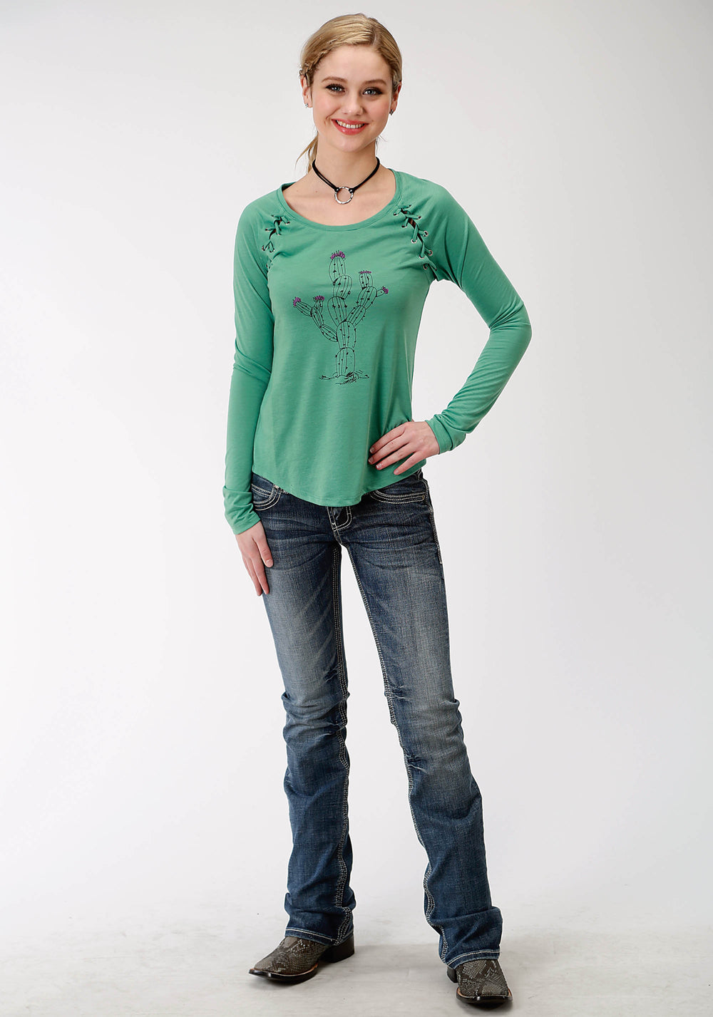 WOMENS GREEN WITH SCREEN PRINT CACTUS LONG SLEEVE KNIT TOP