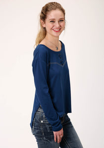 WOMENS BLUE WITH EMBROIDERED YOKE LONG SLEEVE KNIT TOP