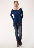 WOMENS BLUE WITH EMBROIDERED YOKE LONG SLEEVE KNIT TOP