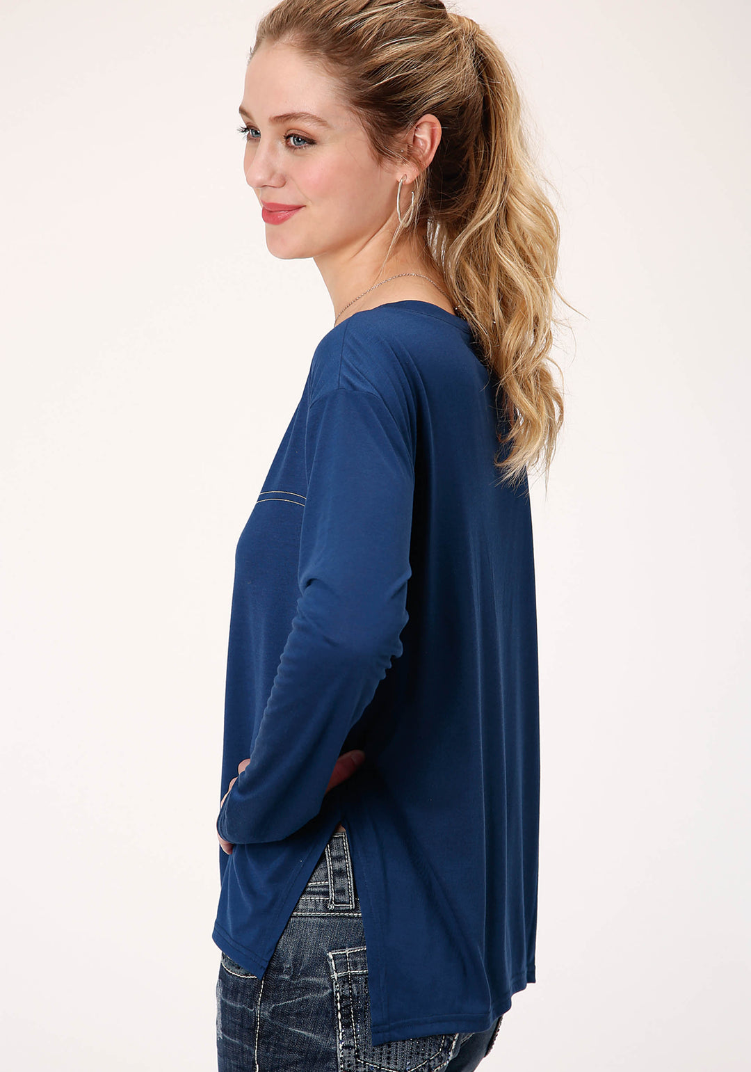 WOMENS BLUE WITH EMBROIDERED YOKE LONG SLEEVE KNIT TOP