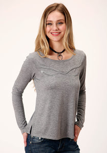 WOMENS GRAY WITH SMILE POCKET LONG SLEEVE KNIT TOP