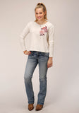 WOMENS LONG SLEEVE KNIT CREAM WAFFLE SLUB TOP