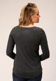 WOMENS LONG SLEEVE KNIT HEATHER CHARCOAL POLY RAYON TOP