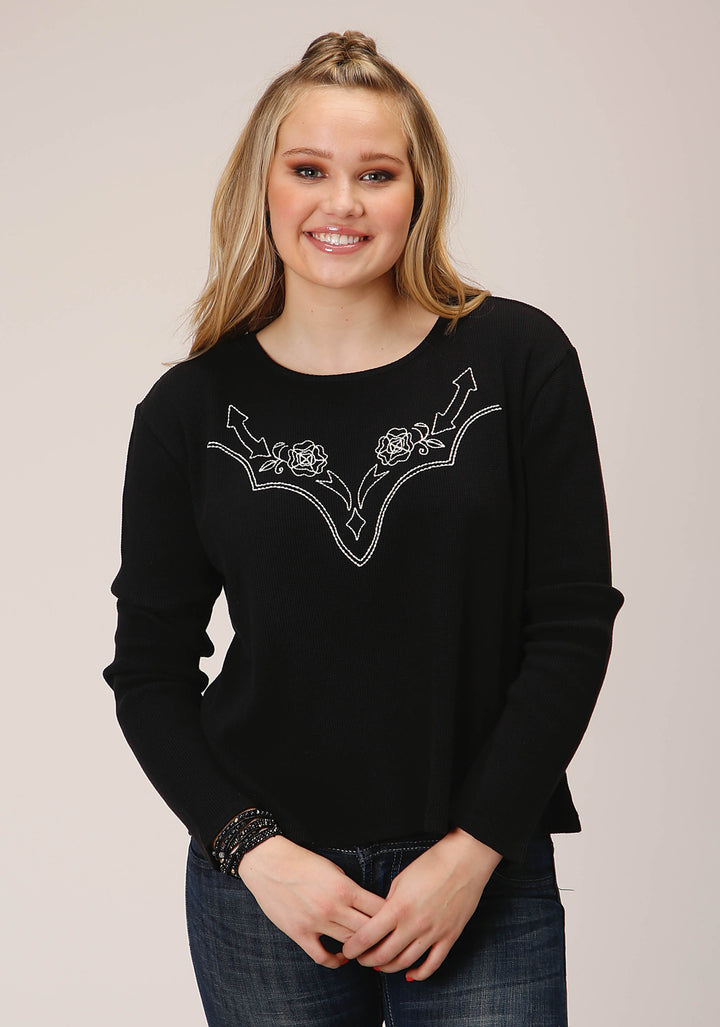 WOMENS LONG SLEEVE KNIT JET BLACK WAFFLE SLUB TOP